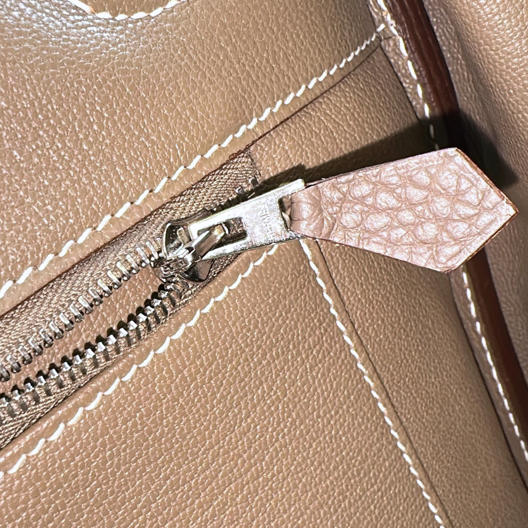 Hermes Etoupe Taurillon Clemence Birkin 35 Kelly's Authentic Boutique