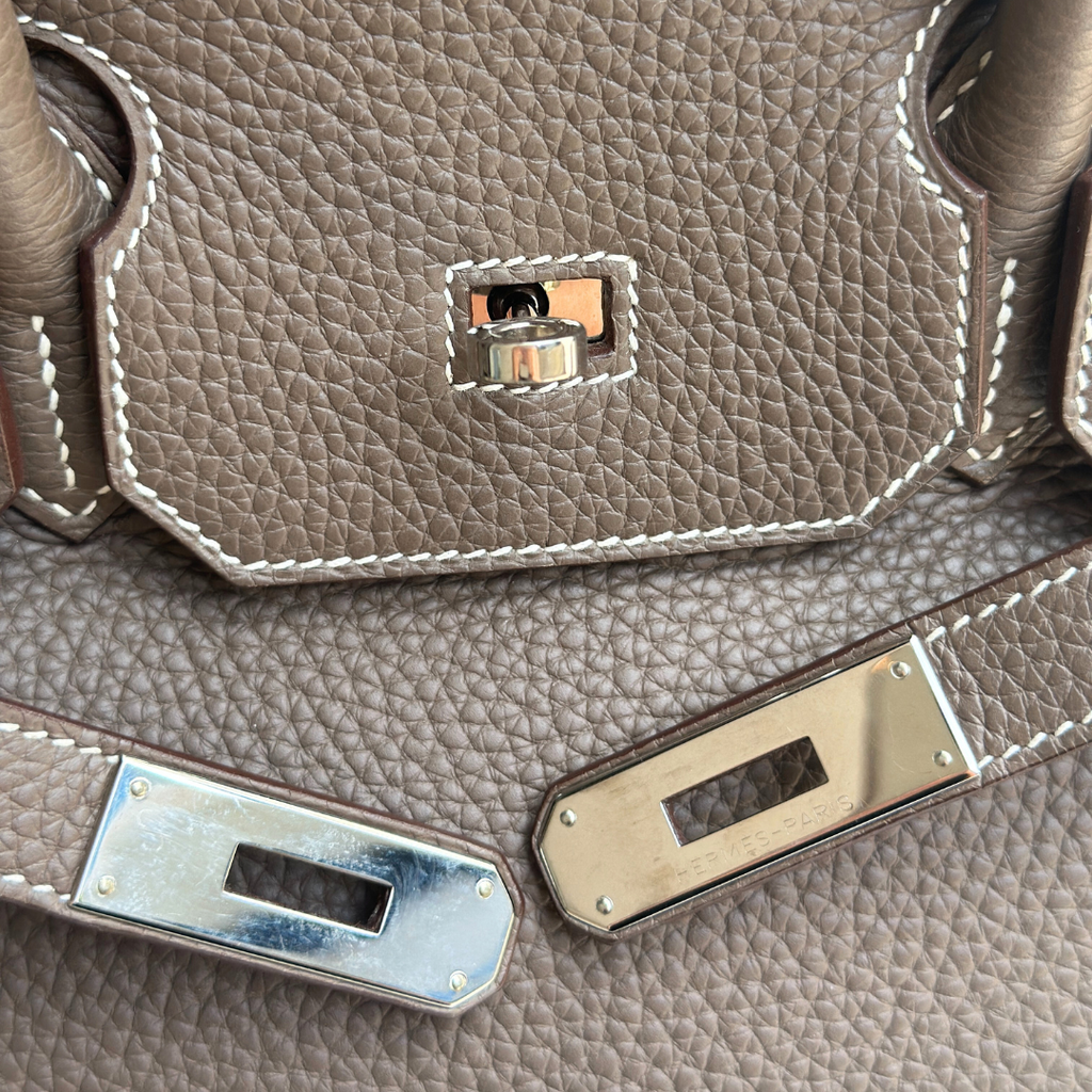Hermes Etoupe Taurillon Clemence Birkin 35 Kelly's Authentic Boutique