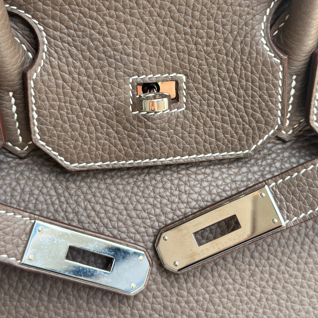 Hermes Etoupe Taurillon Clemence Birkin 35 Kelly's Authentic Boutique