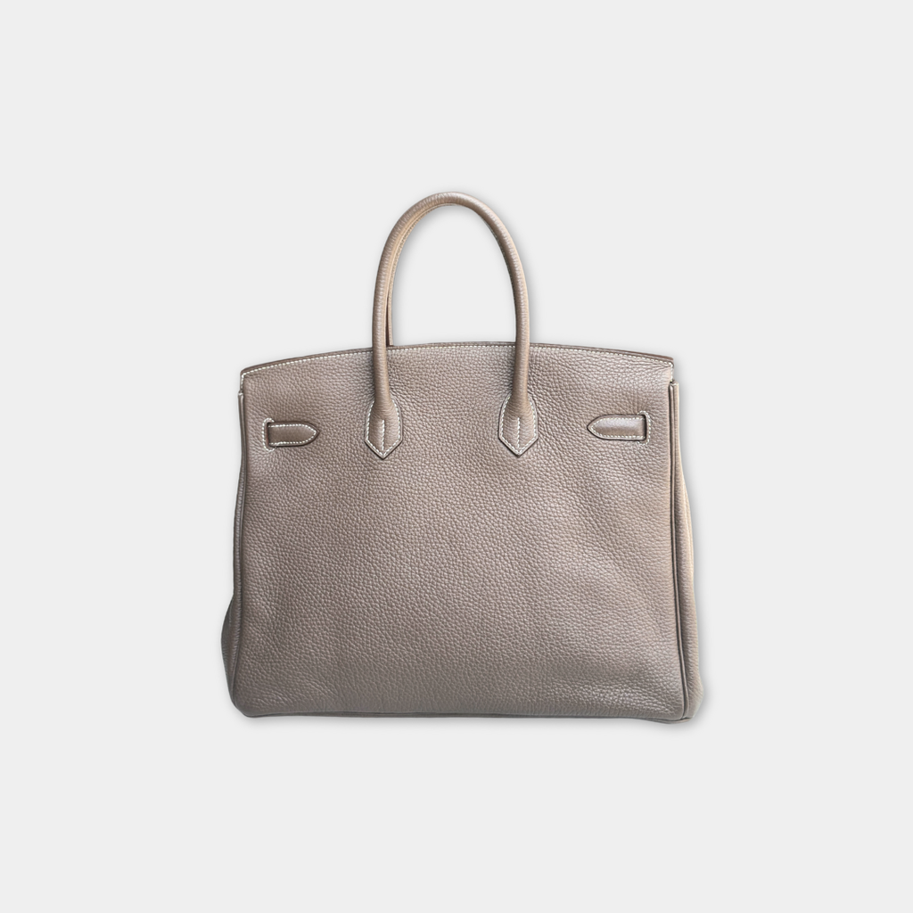 Hermes Etoupe Taurillon Clemence Birkin 35 Kelly's Authentic Boutique
