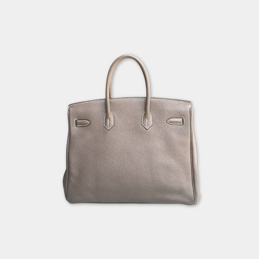 Hermes Etoupe Taurillon Clemence Birkin 35 Kelly's Authentic Boutique