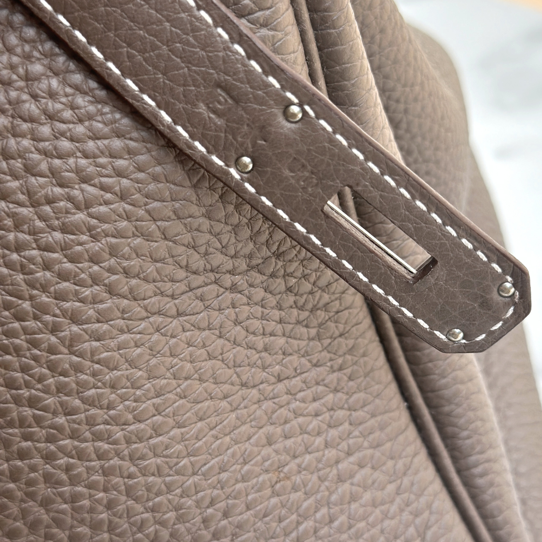 Hermes Etoupe Taurillon Clemence Birkin 35 Kelly's Authentic Boutique