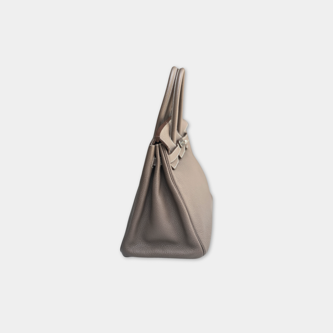 Hermes Etoupe Taurillon Clemence Birkin 35 Kelly's Authentic Boutique