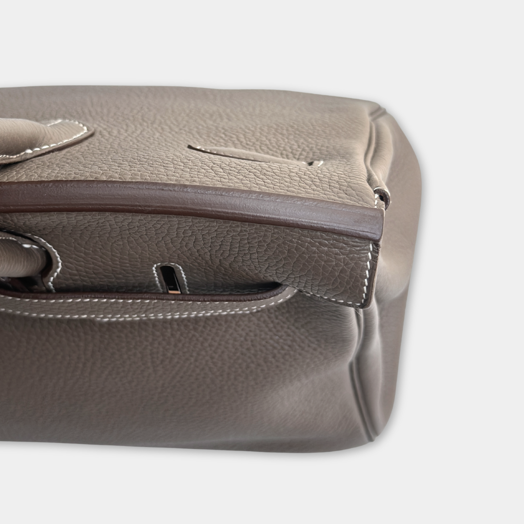 Hermes Etoupe Taurillon Clemence Birkin 35 Kelly's Authentic Boutique