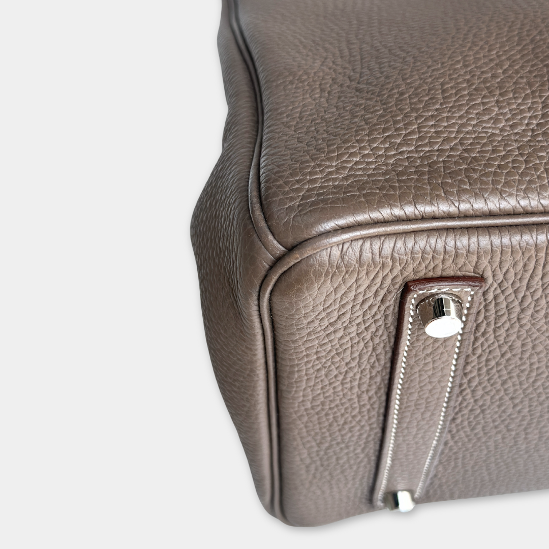 Hermes Etoupe Taurillon Clemence Birkin 35 Kelly's Authentic Boutique