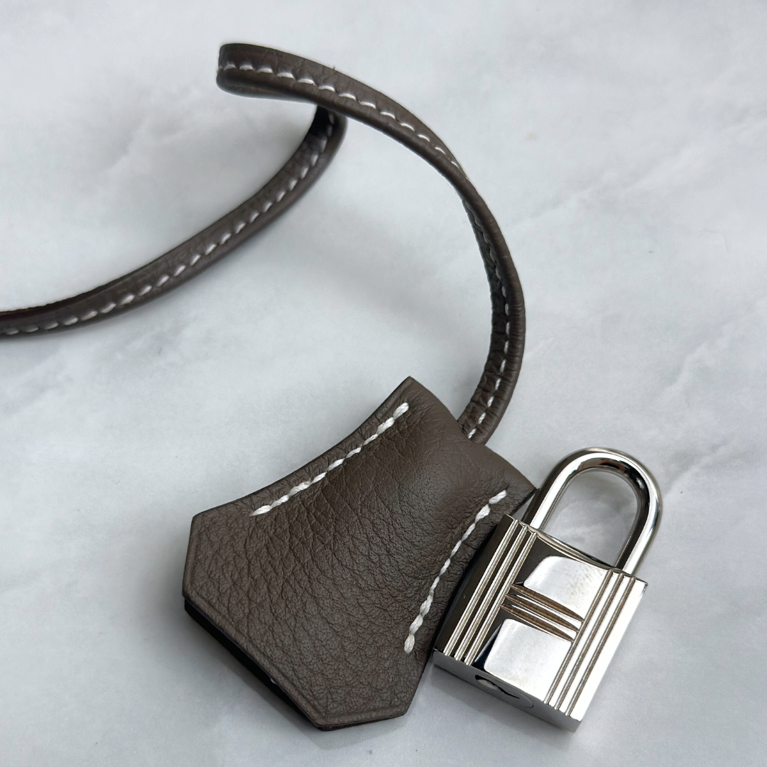 Hermes Etoupe Taurillon Clemence Birkin 35 Kelly's Authentic Boutique