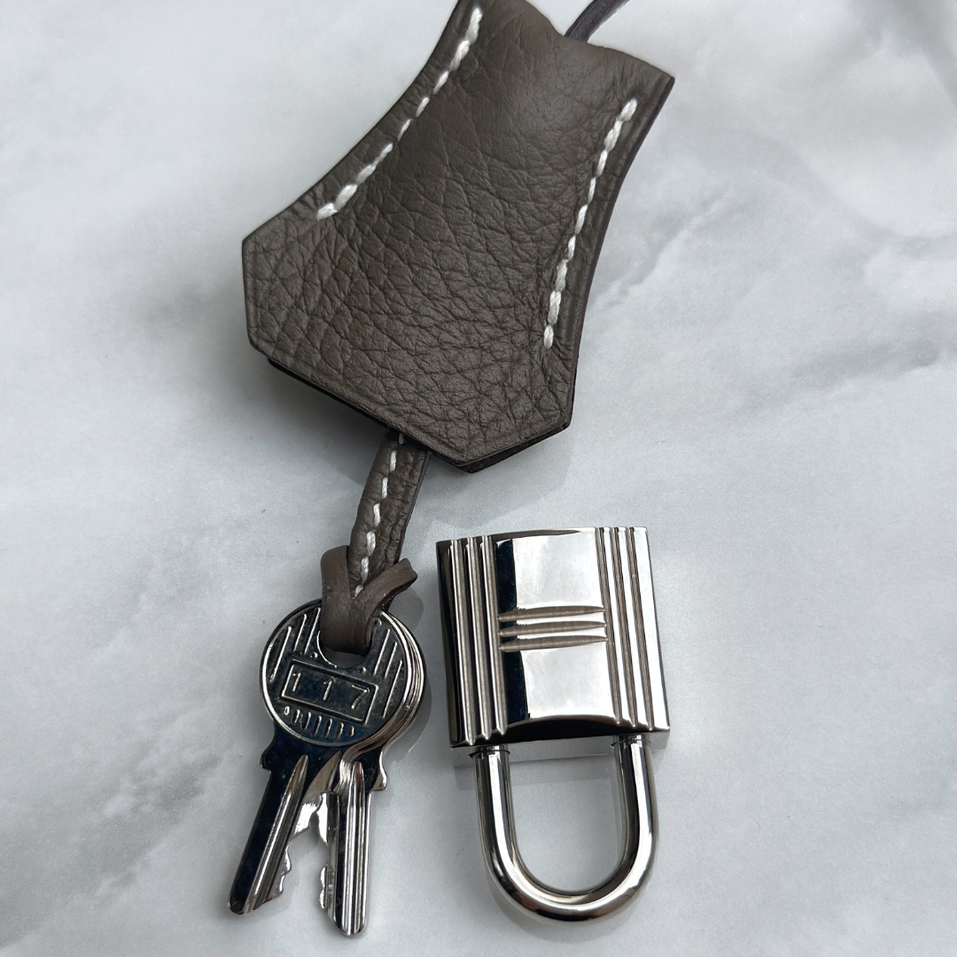 Hermes Etoupe Taurillon Clemence Birkin 35 Kelly's Authentic Boutique