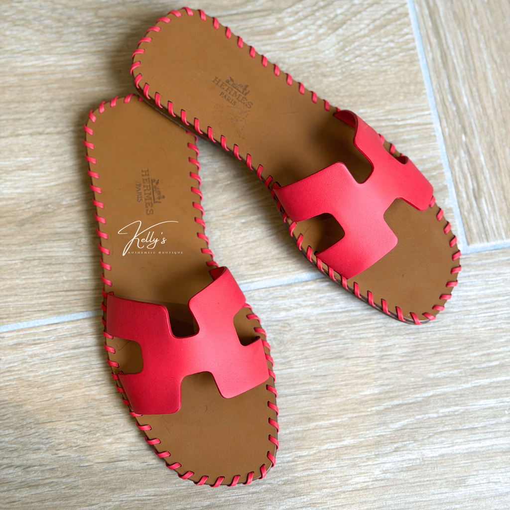Hermes Red Braided Whipstitch Oran Sandals Kelly's Authentic Boutique