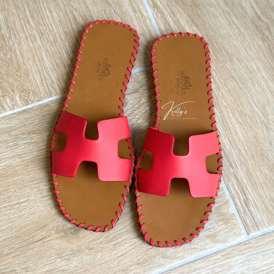 Hermes Red Braided Whipstitch Oran Sandals Kelly's Authentic Boutique