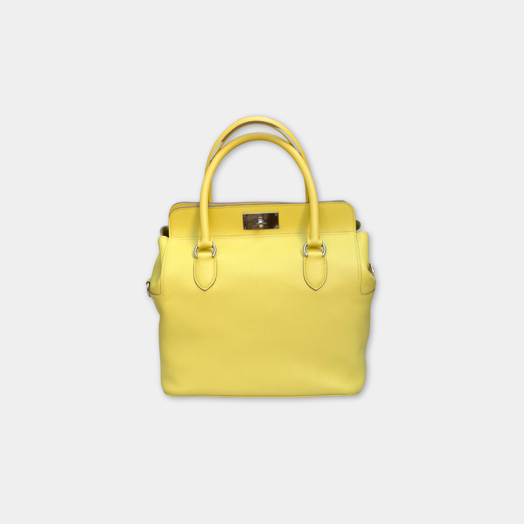 Hermes Soufre Swift Toolbox 26 Handbag (Stamp Square Q) Kelly's Authentic Boutique