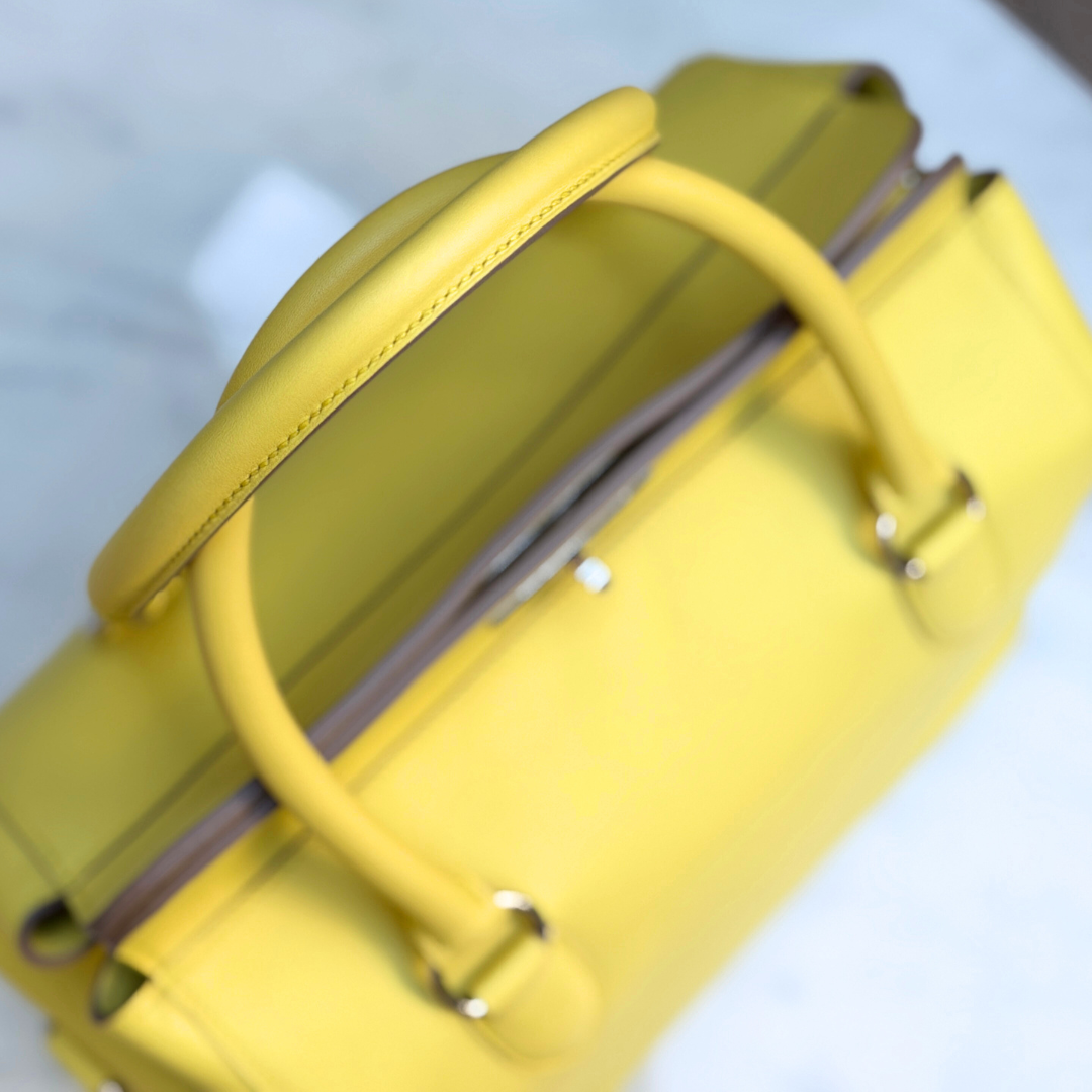 Hermes Soufre Swift Toolbox 26 Handbag (Stamp Square Q) Kelly's Authentic Boutique