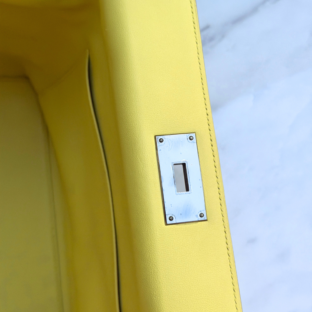 Hermes Soufre Swift Toolbox 26 Handbag (Stamp Square Q) Kelly's Authentic Boutique