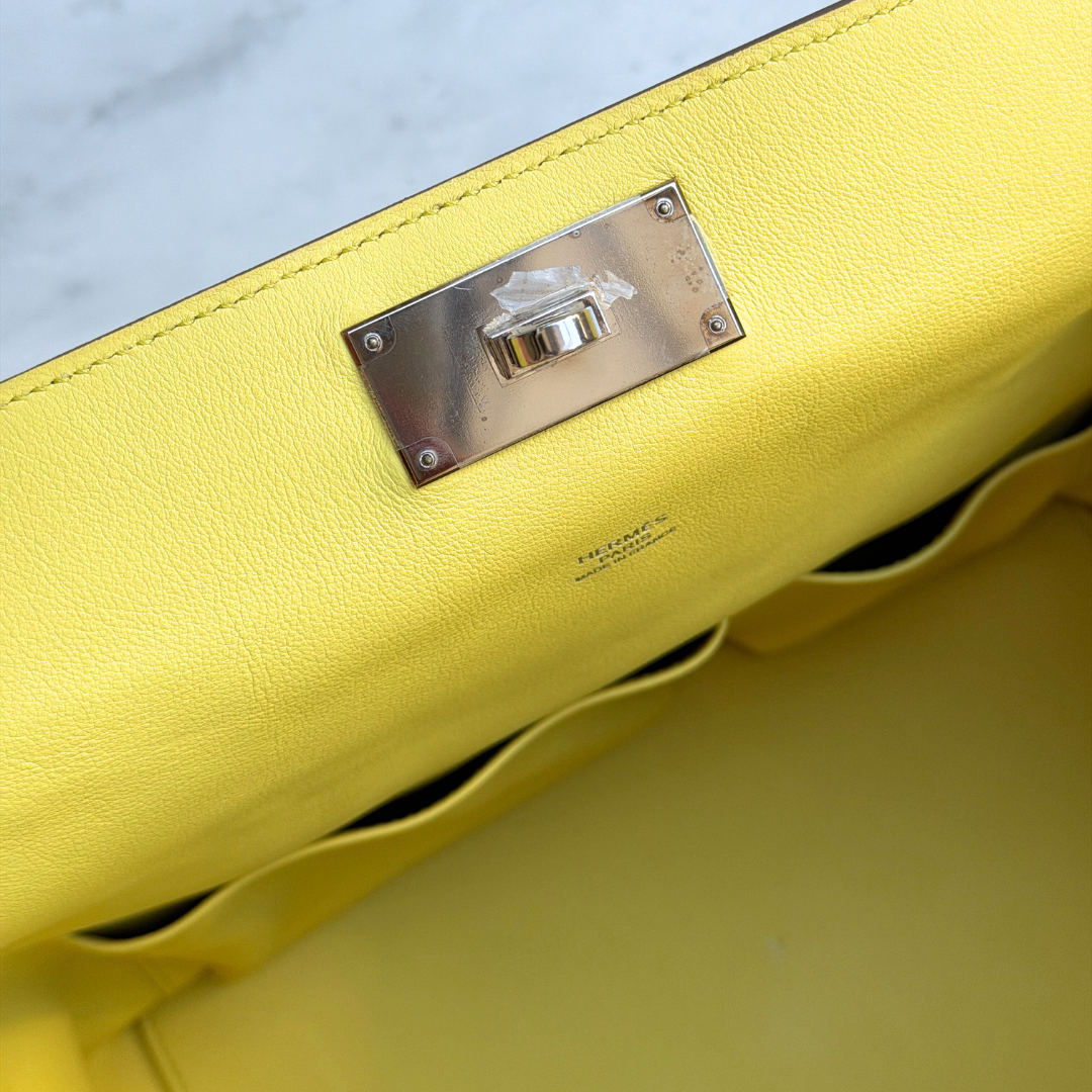 Hermes Soufre Swift Toolbox 26 Handbag (Stamp Square Q) Kelly's Authentic Boutique