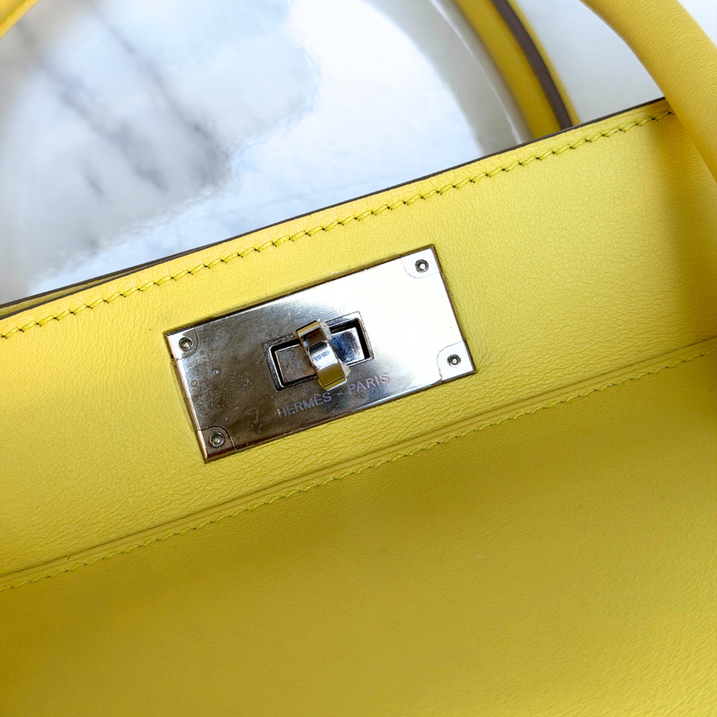 Hermes Soufre Swift Toolbox 26 Handbag (Stamp Square Q) Kelly's Authentic Boutique