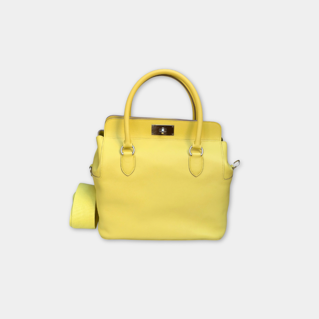 Hermes Soufre Swift Toolbox 26 Handbag (Stamp Square Q) Kelly's Authentic Boutique