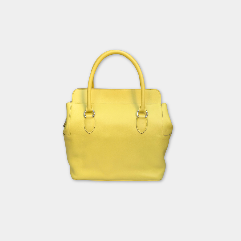 Hermes Soufre Swift Toolbox 26 Handbag (Stamp Square Q) Kelly's Authentic Boutique