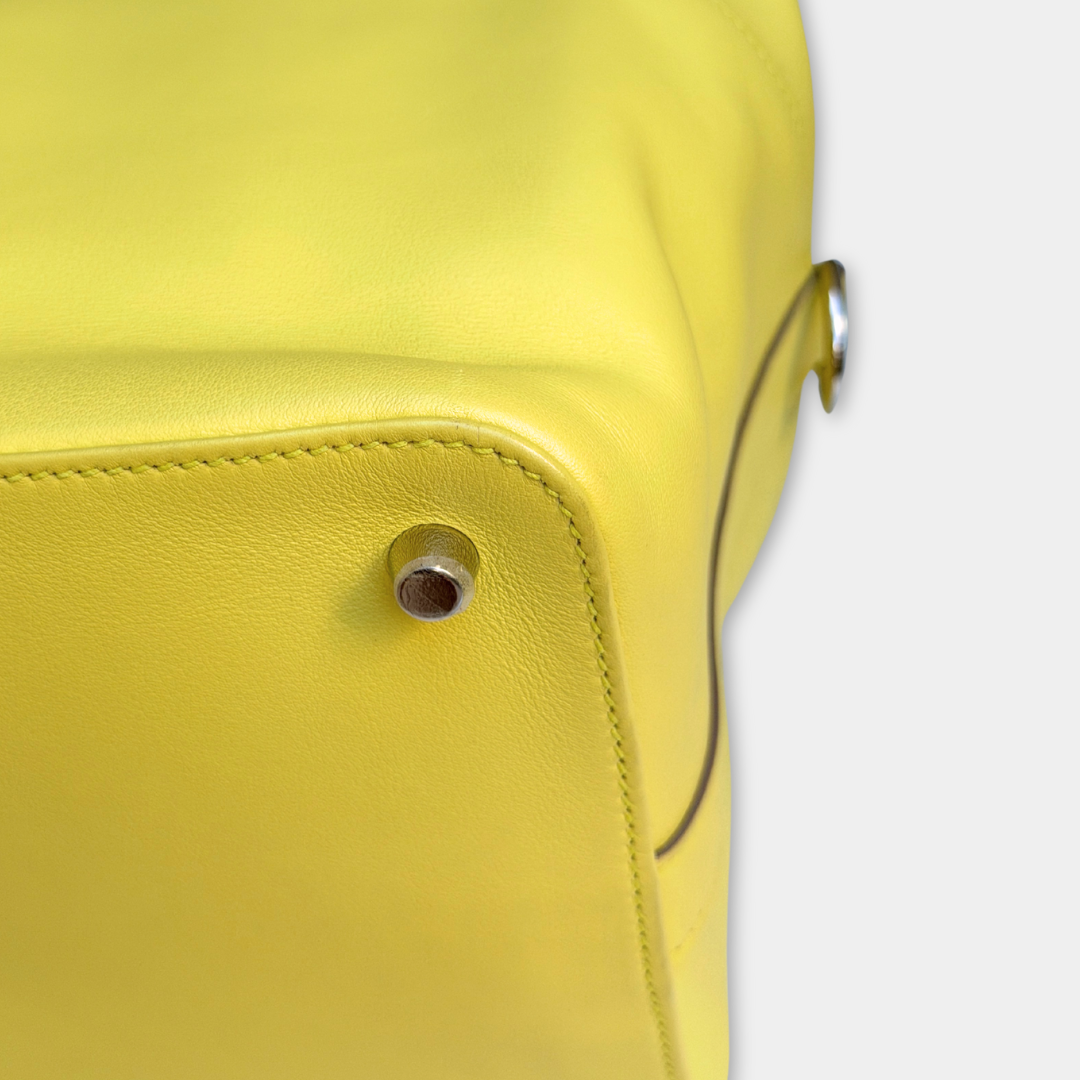 Hermes Soufre Swift Toolbox 26 Handbag (Stamp Square Q) Kelly's Authentic Boutique