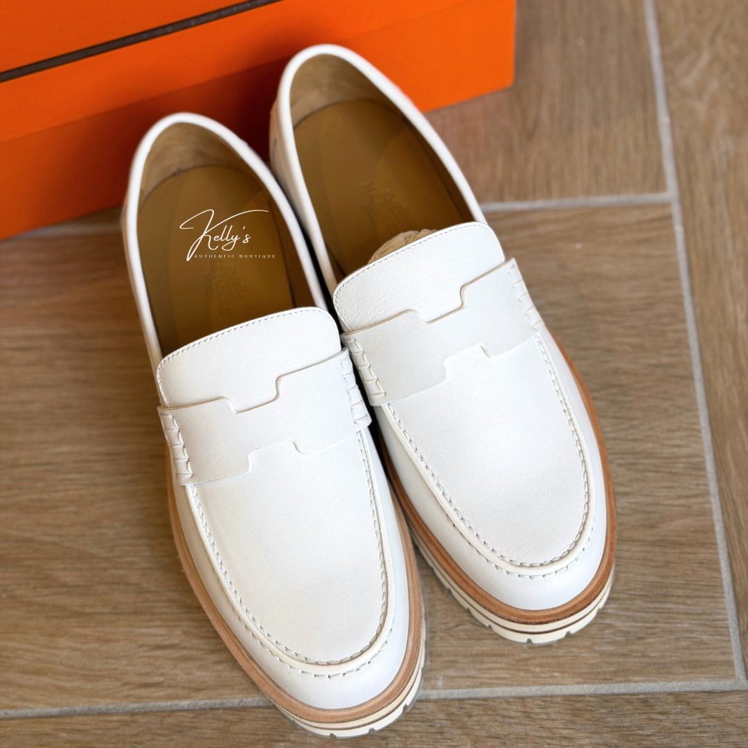 Hermes White Leather Ivy Moccasin Loafers (Unused) Kelly's Authentic Boutique