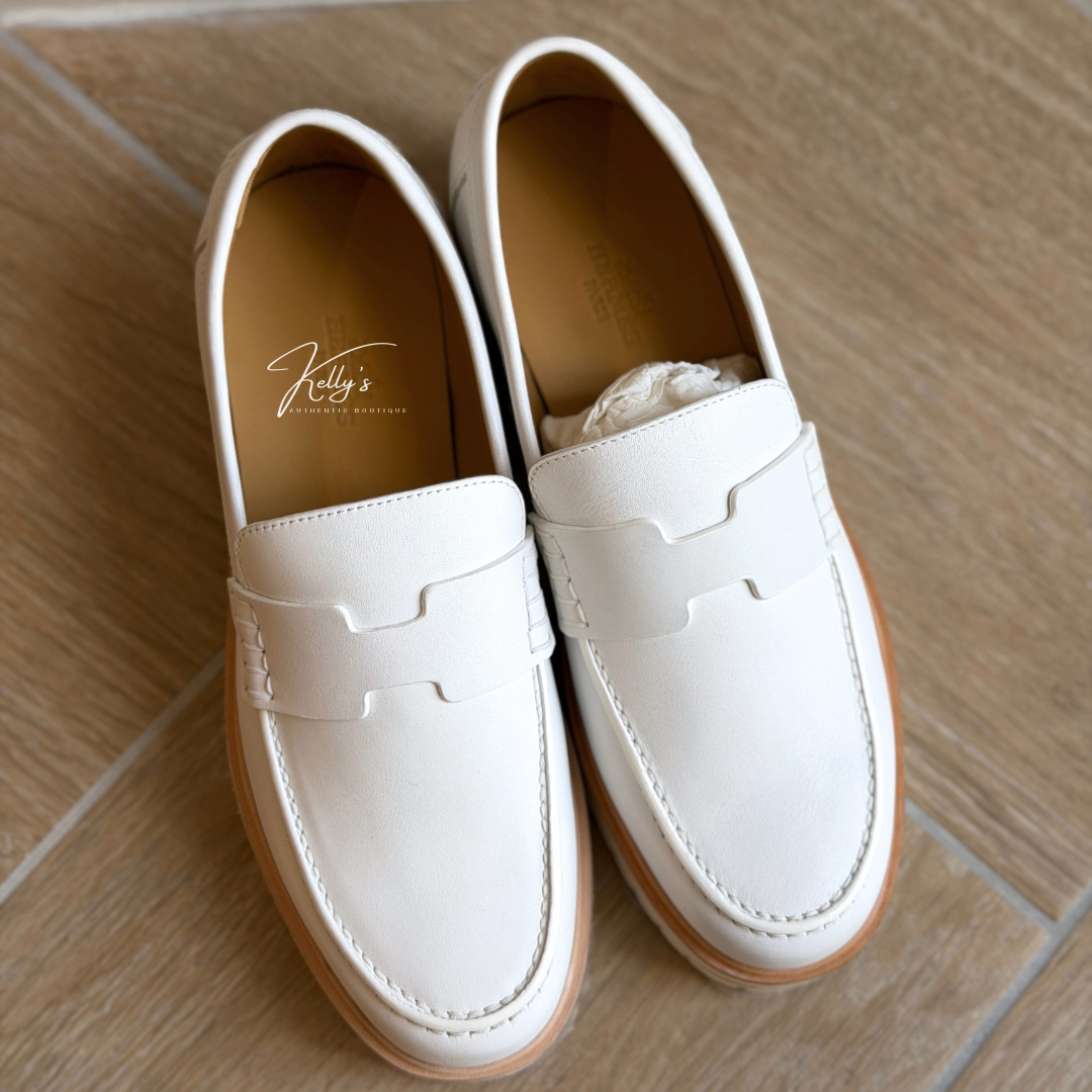 Hermes White Leather Ivy Moccasin Loafers (Unused) Kelly's Authentic Boutique