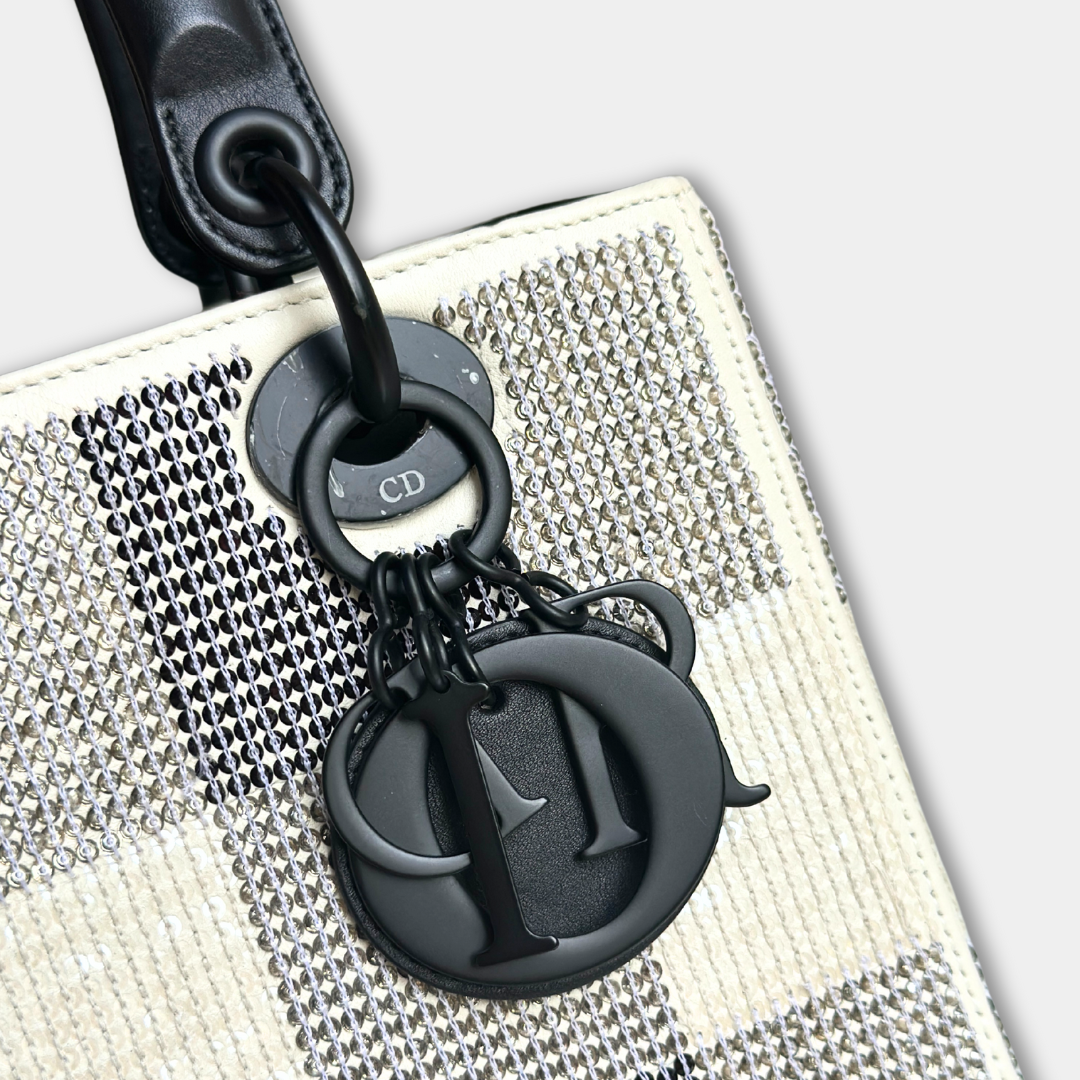 Dior Lady Medium Dior Sequin Black and White Handbag Kelly's Authentic Boutique