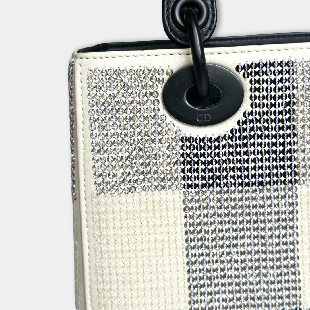 Dior Lady Medium Dior Sequin Black and White Handbag Kelly's Authentic Boutique