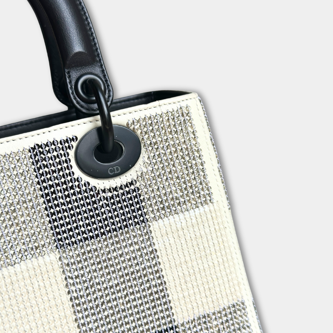 Dior Lady Medium Dior Sequin Black and White Handbag Kelly's Authentic Boutique