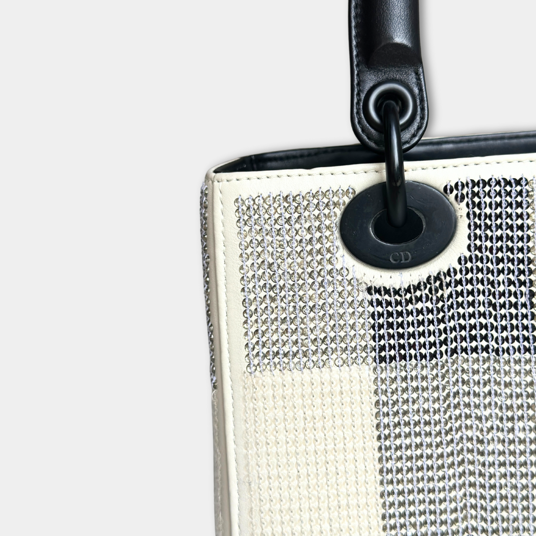 Dior Lady Medium Dior Sequin Black and White Handbag Kelly's Authentic Boutique