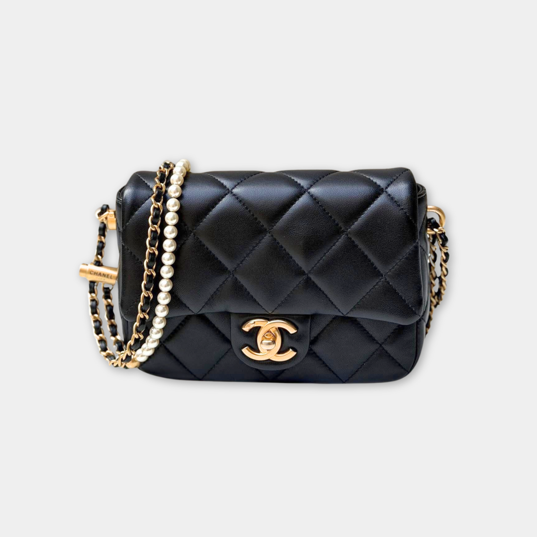 Microchipped 21K Lambskin My Perfect Pearl Mini Square Flap Bag Kelly's Authentic Boutique