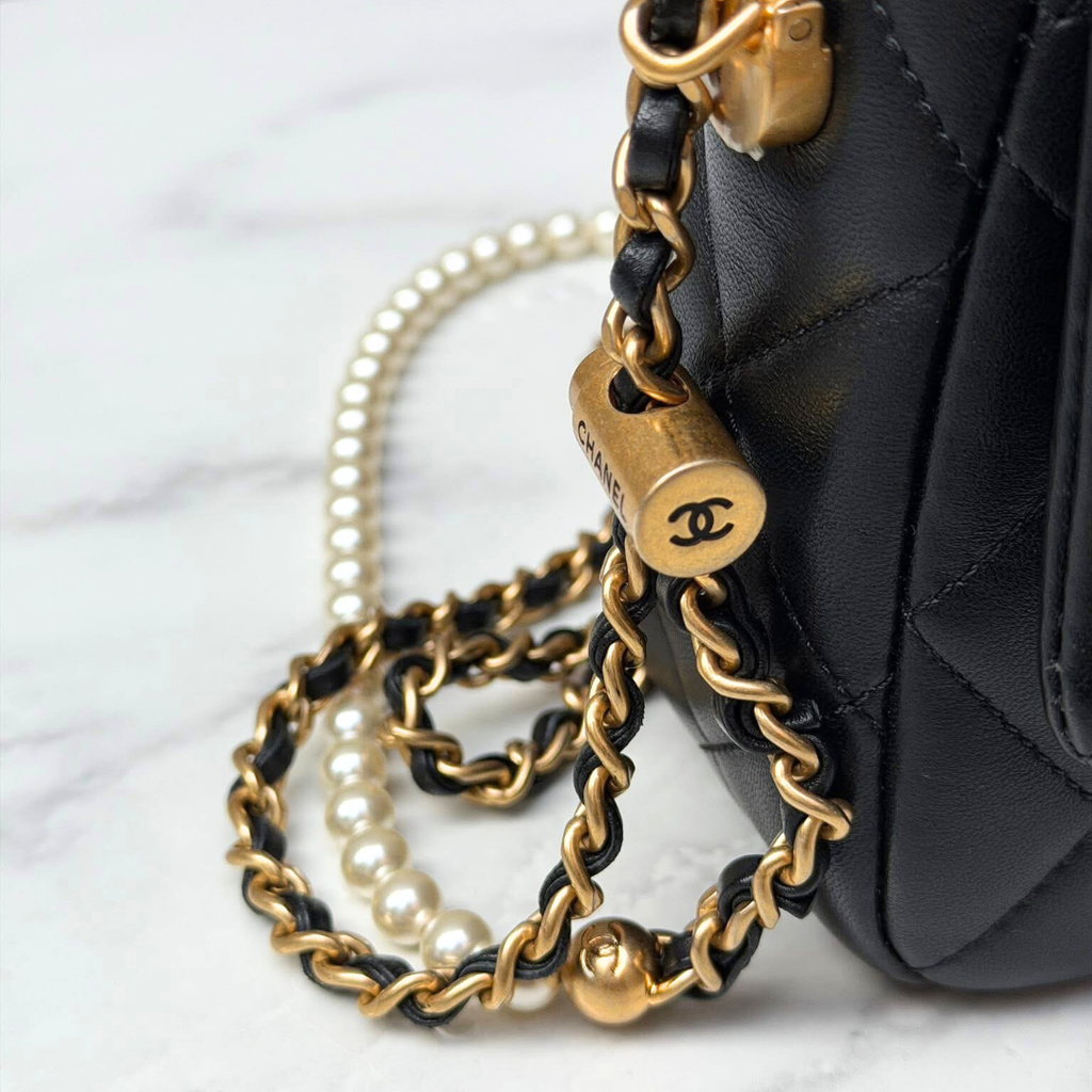 Microchipped 21K Lambskin My Perfect Pearl Mini Square Flap Bag Kelly's Authentic Boutique
