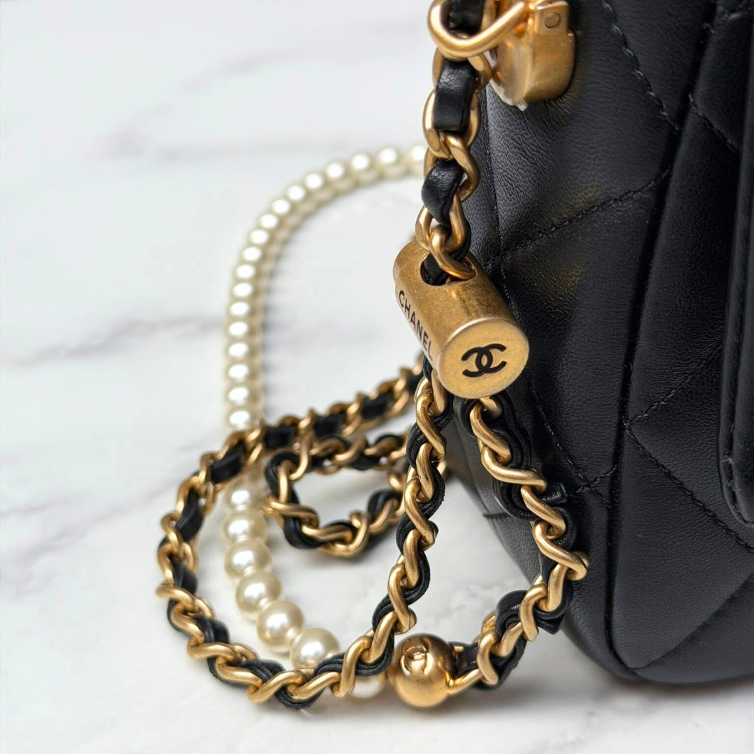 Microchipped 21K Lambskin My Perfect Pearl Mini Square Flap Bag Kelly's Authentic Boutique