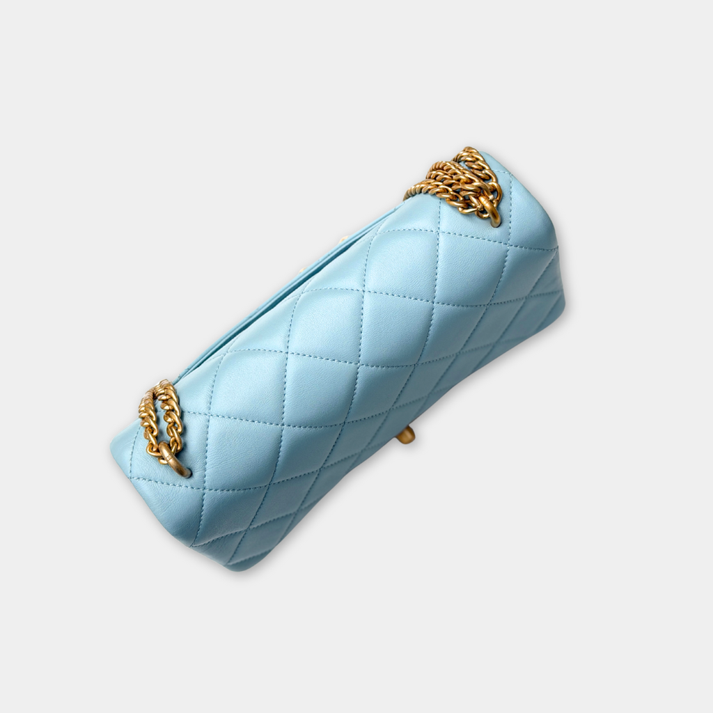 Microchipped 22P Baby Blue Medium Lambskin Enamel Shoulder Bag Kelly's Authentic Boutique