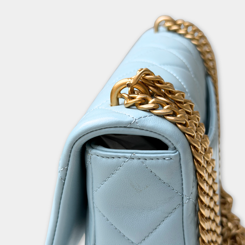 Microchipped 22P Baby Blue Medium Lambskin Enamel Shoulder Bag Kelly's Authentic Boutique