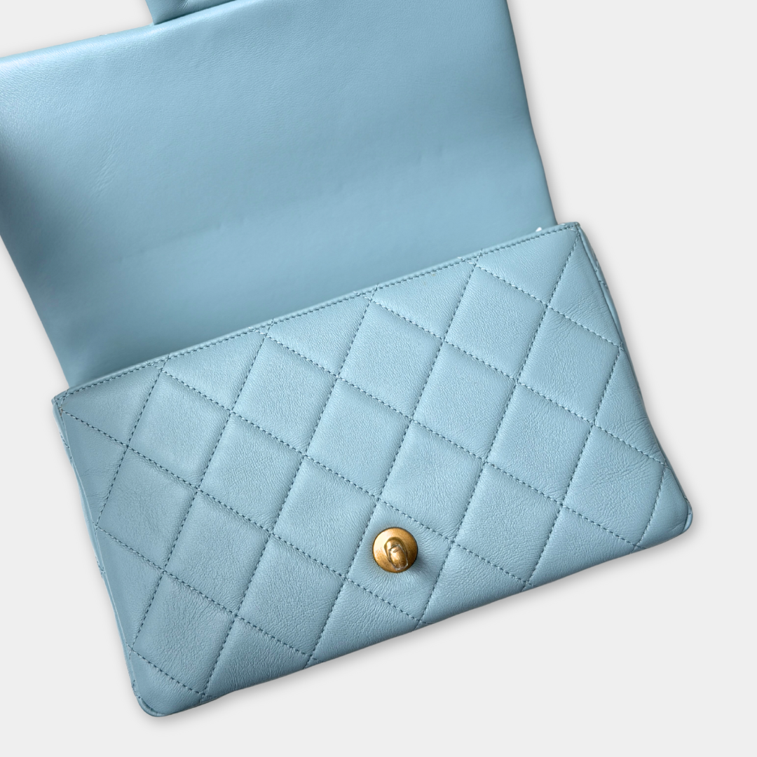 Microchipped 22P Baby Blue Medium Lambskin Enamel Shoulder Bag Kelly's Authentic Boutique