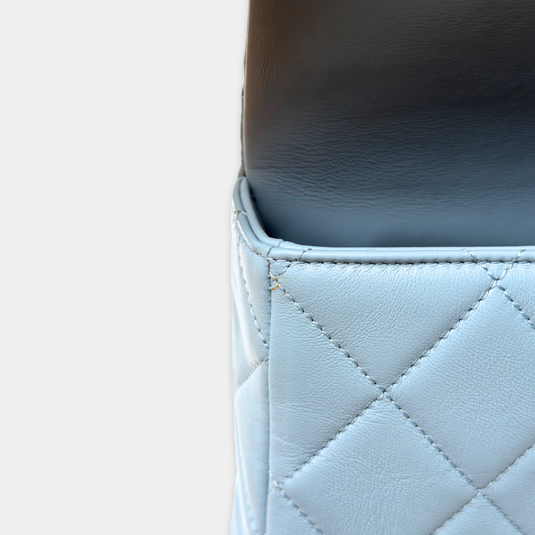 Microchipped 22P Baby Blue Medium Lambskin Enamel Shoulder Bag Kelly's Authentic Boutique