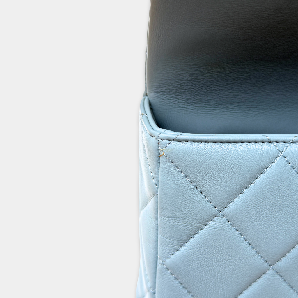 Microchipped 22P Baby Blue Medium Lambskin Enamel Shoulder Bag Kelly's Authentic Boutique