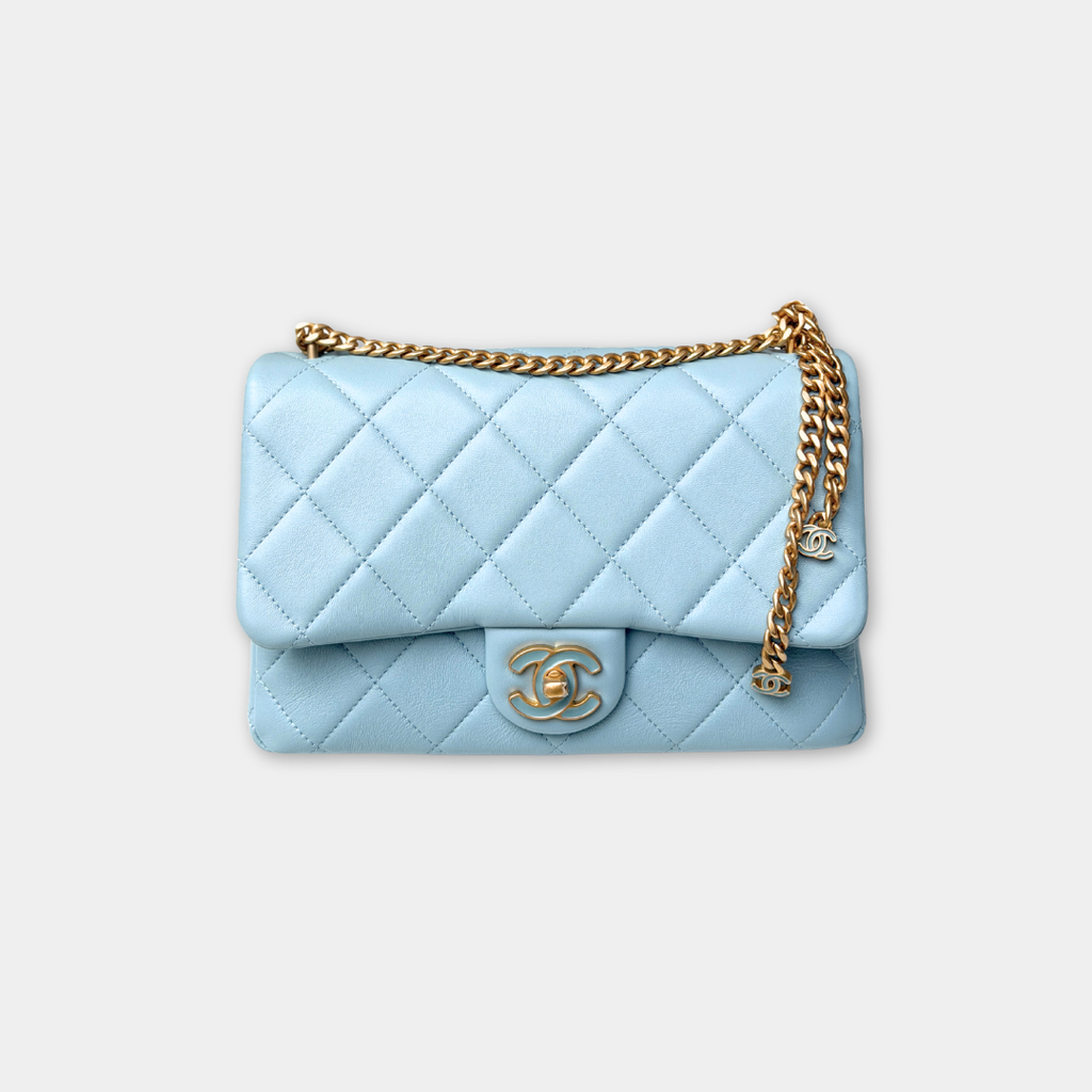 Microchipped 22P Baby Blue Medium Lambskin Enamel Shoulder Bag Kelly's Authentic Boutique