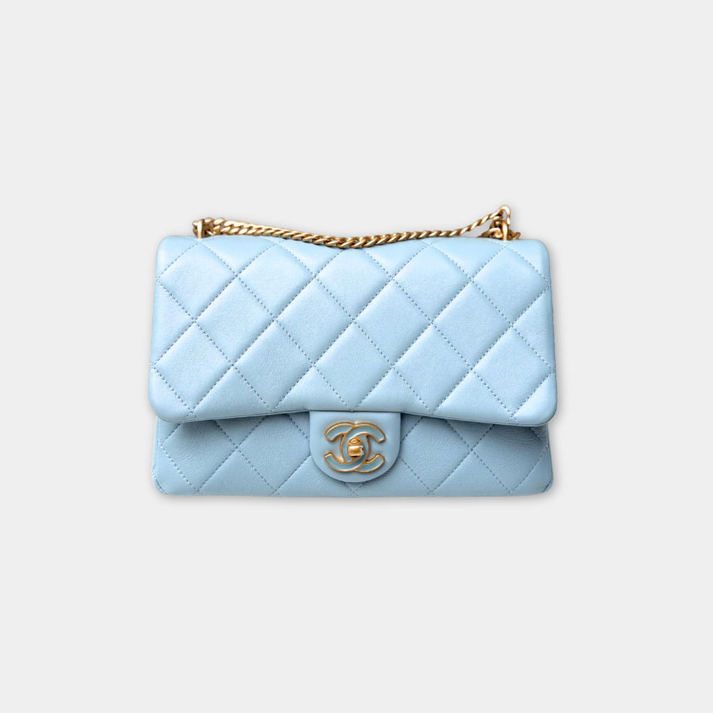 Microchipped 22P Baby Blue Medium Lambskin Enamel Shoulder Bag Kelly's Authentic Boutique