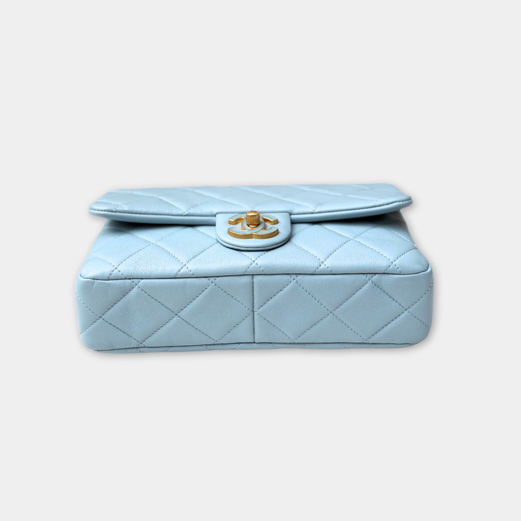 Microchipped 22P Baby Blue Medium Lambskin Enamel Shoulder Bag Kelly's Authentic Boutique