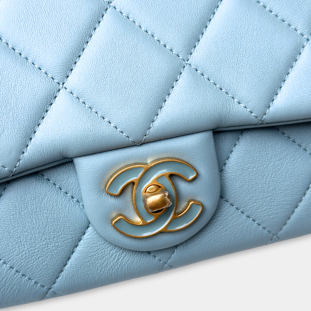 Microchipped 22P Baby Blue Medium Lambskin Enamel Shoulder Bag Kelly's Authentic Boutique