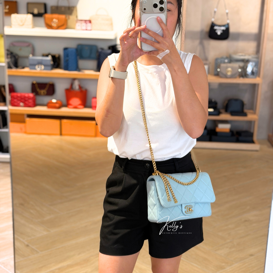 Microchipped 22P Baby Blue Medium Lambskin Enamel Shoulder Bag Kelly's Authentic Boutique