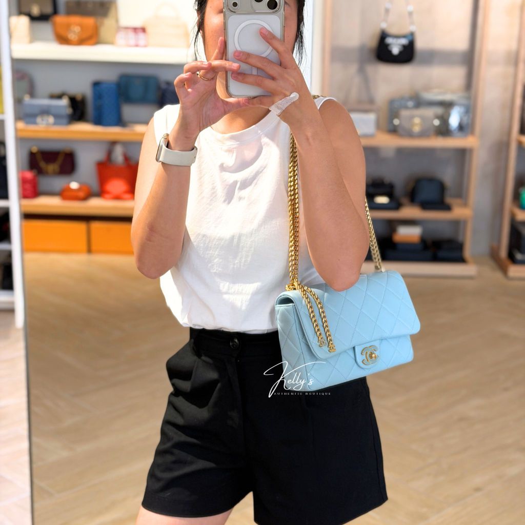 Microchipped 22P Baby Blue Medium Lambskin Enamel Shoulder Bag Kelly's Authentic Boutique