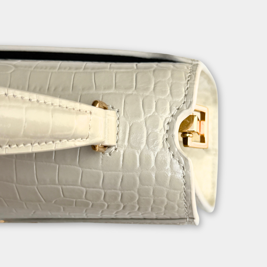 Saint Laurent Mini White Crocs Embossed Cassandra Top Handle Kelly's Authentic Boutique