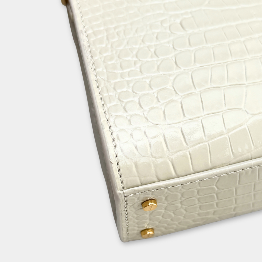 Saint Laurent Mini White Crocs Embossed Cassandra Top Handle Kelly's Authentic Boutique