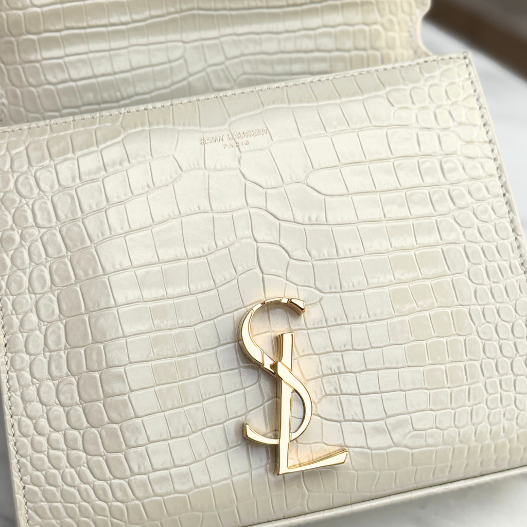 Saint Laurent Mini White Crocs Embossed Cassandra Top Handle Kelly's Authentic Boutique