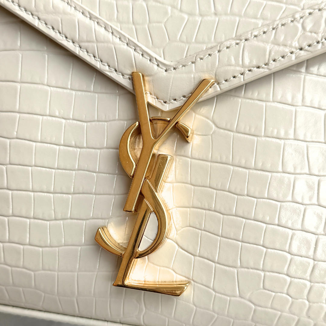 Saint Laurent Mini White Crocs Embossed Cassandra Top Handle Kelly's Authentic Boutique