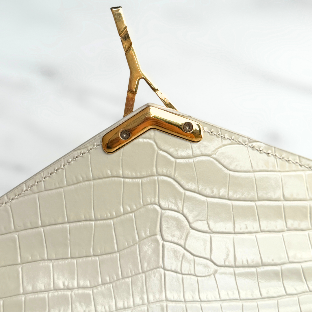 Saint Laurent Mini White Crocs Embossed Cassandra Top Handle Kelly's Authentic Boutique