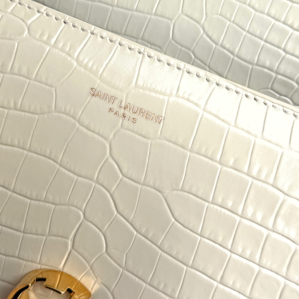 Saint Laurent Mini White Crocs Embossed Cassandra Top Handle Kelly's Authentic Boutique