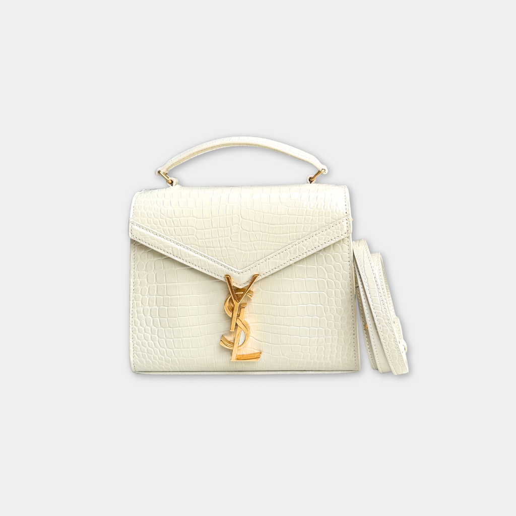Saint Laurent Mini White Crocs Embossed Cassandra Top Handle Kelly's Authentic Boutique