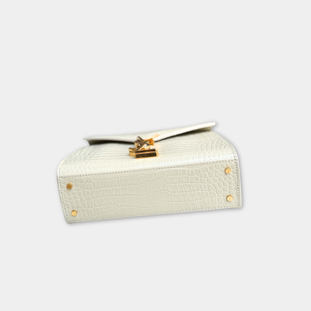 Saint Laurent Mini White Crocs Embossed Cassandra Top Handle Kelly's Authentic Boutique
