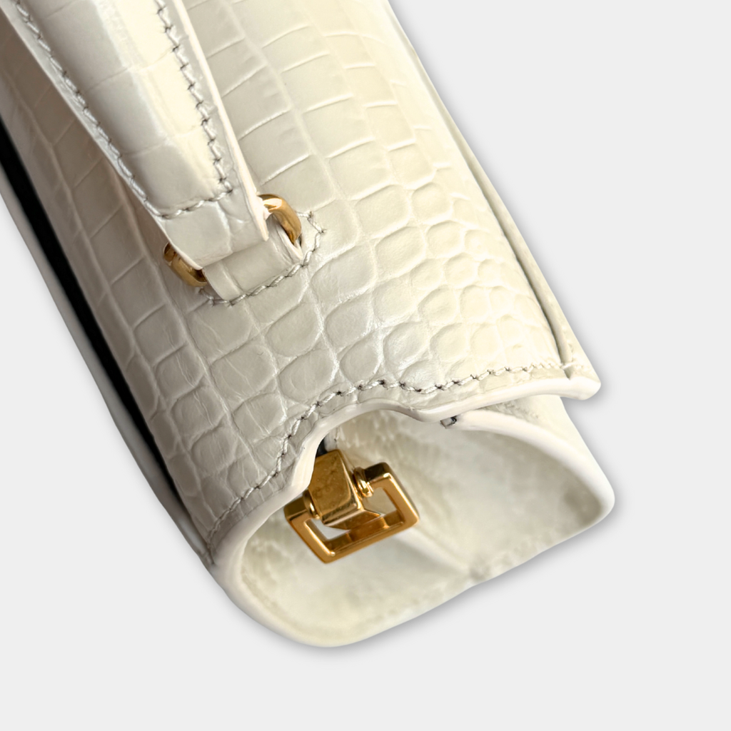 Saint Laurent Mini White Crocs Embossed Cassandra Top Handle Kelly's Authentic Boutique